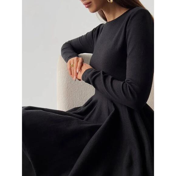 Commense Skater Pleated Black Stretch Knit Sweater Mini Dress Medium - Picture 5 of 8